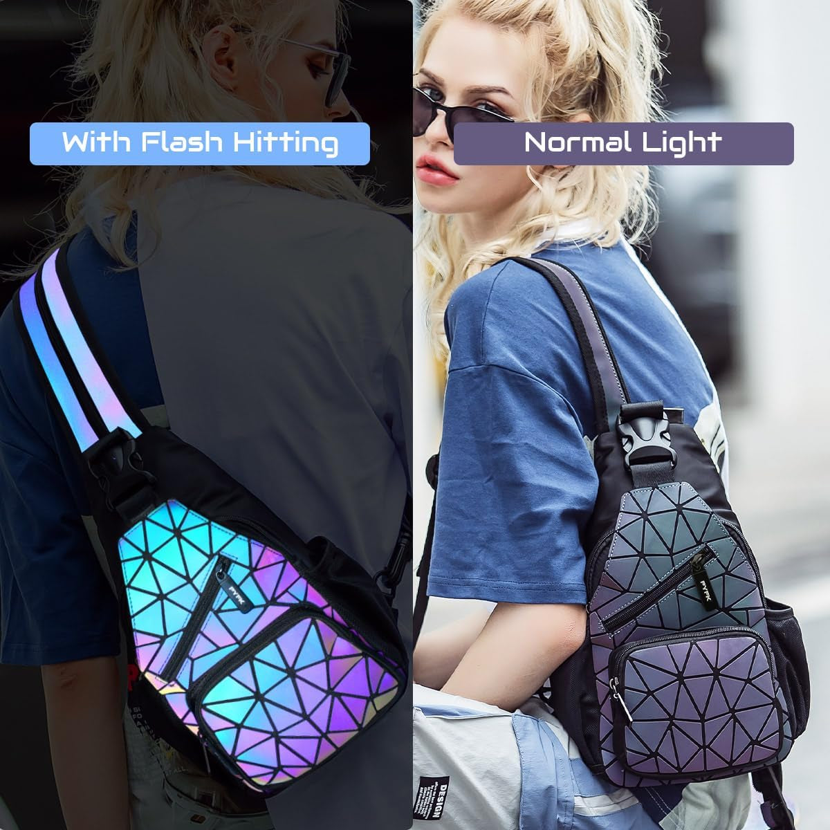 Geometric Backpack Luminous Holographic Purse Color Changes Flash Reflective Bag for Cycling Fashion Sling Bag for Women(Prism)