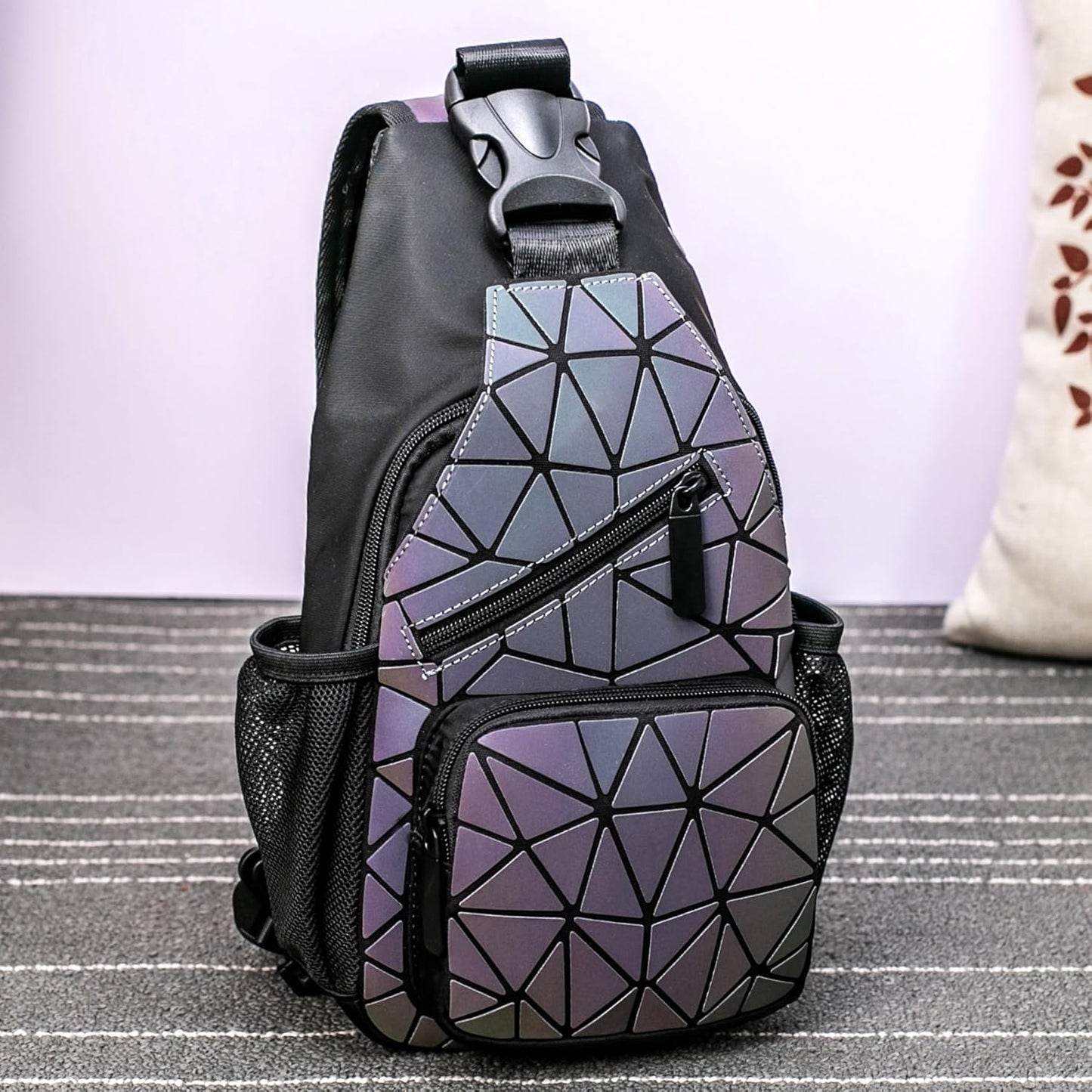 Geometric Backpack Luminous Holographic Purse Color Changes Flash Reflective Bag for Cycling Fashion Sling Bag for Women(Prism)