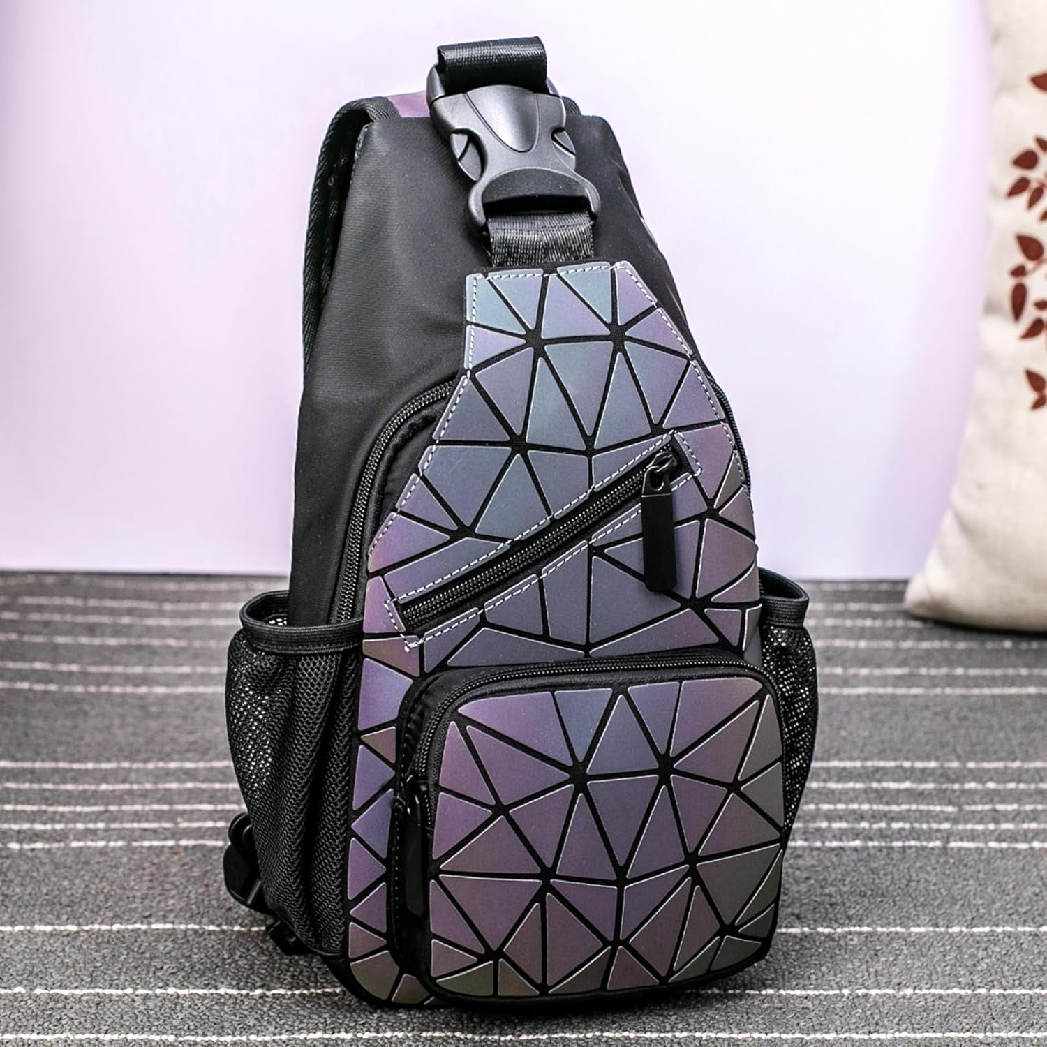 Geometric Backpack Luminous Holographic Purse Color Changes Flash Reflective Bag for Cycling Fashion Sling Bag for Women(Prism)