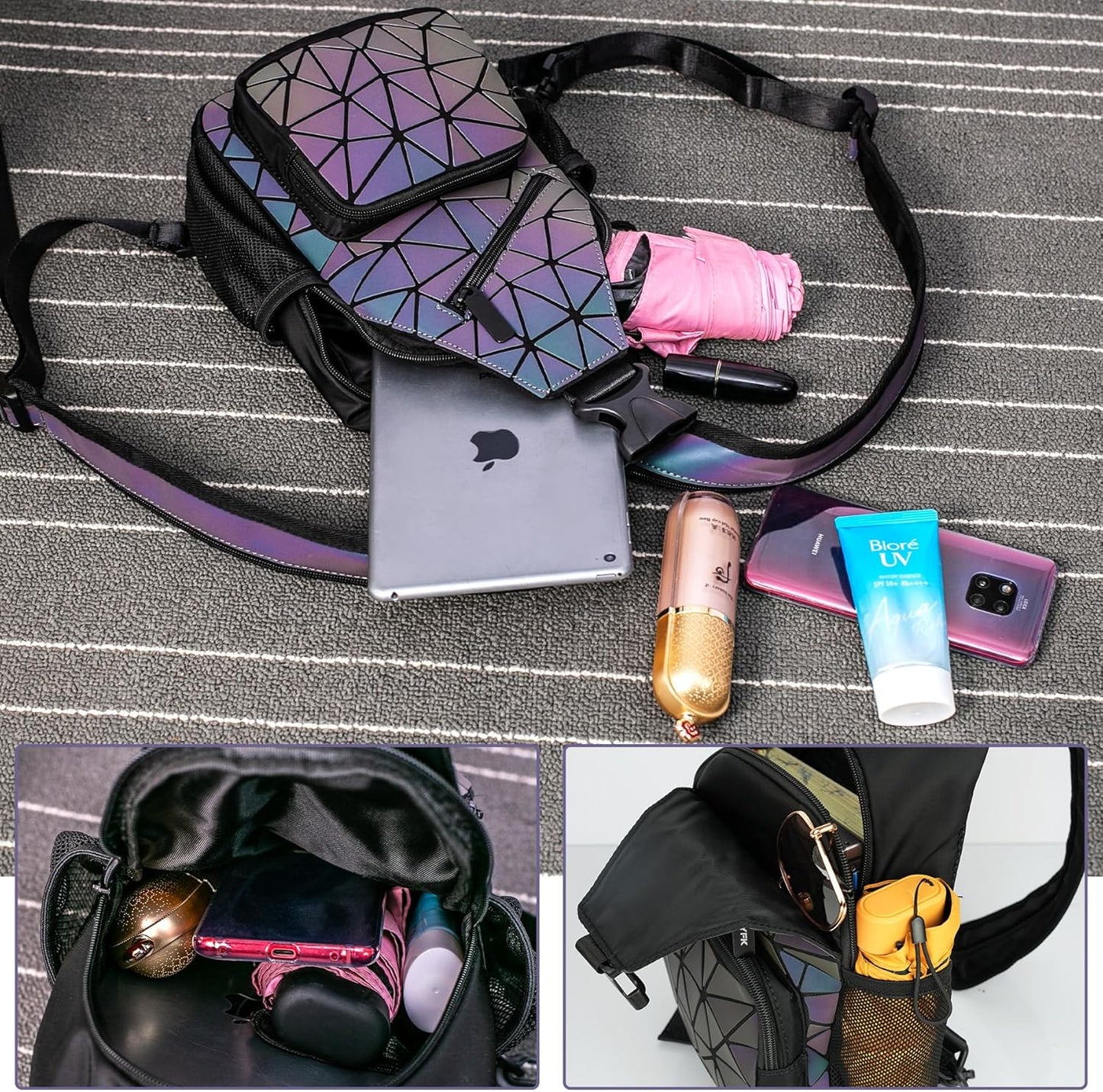 Geometric Backpack Luminous Holographic Purse Color Changes Flash Reflective Bag for Cycling Fashion Sling Bag for Women(Prism)