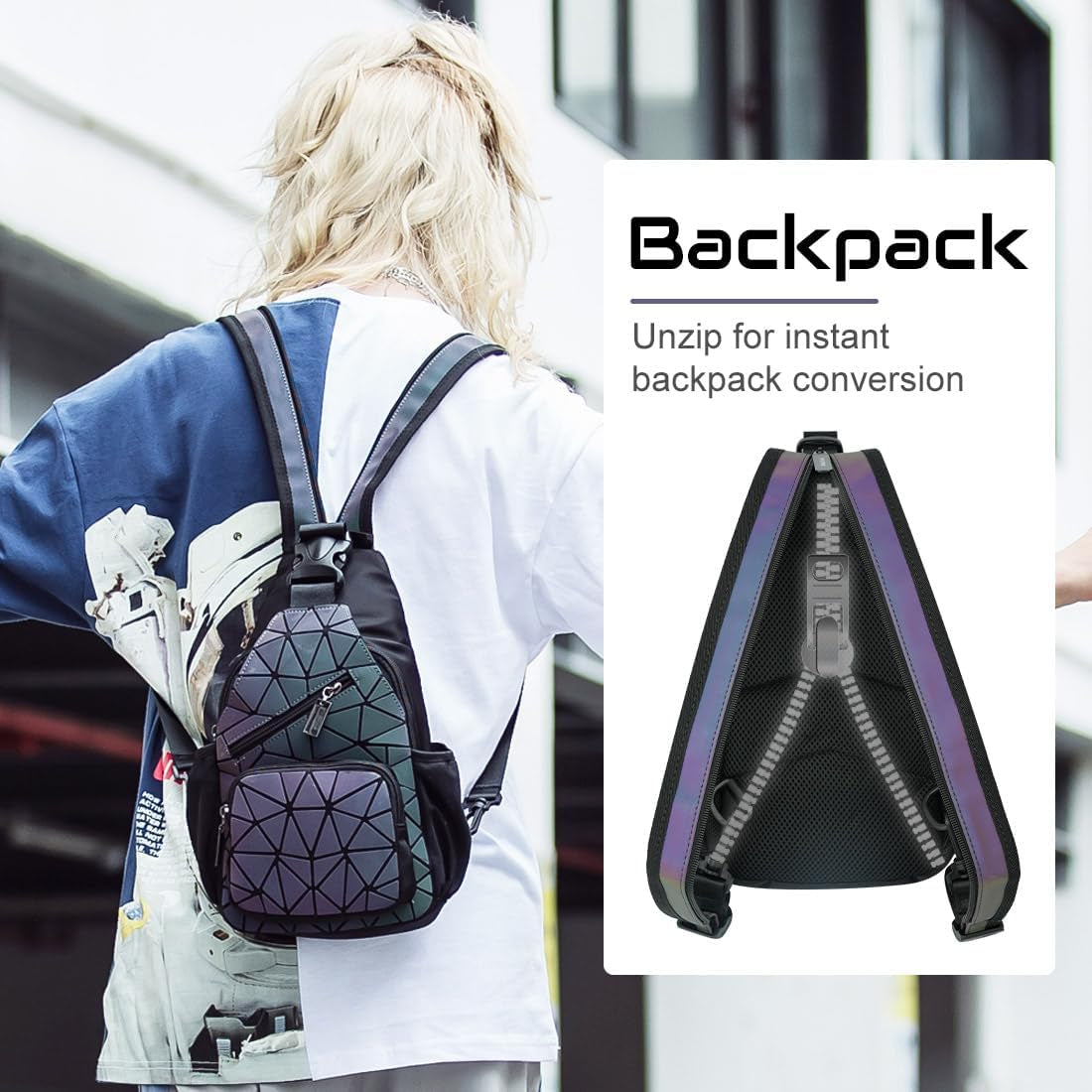 Geometric Backpack Luminous Holographic Purse Color Changes Flash Reflective Bag for Cycling Fashion Sling Bag for Women(Prism)