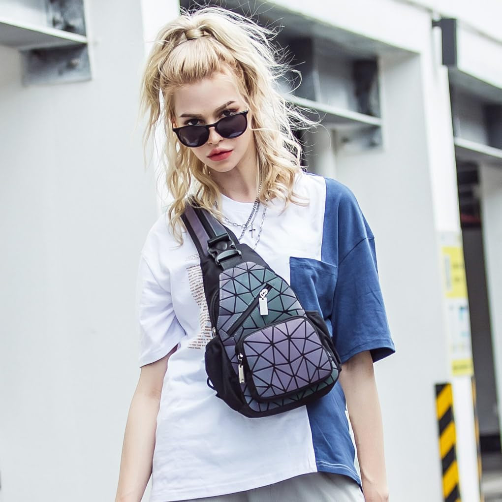 Geometric Backpack Luminous Holographic Purse Color Changes Flash Reflective Bag for Cycling Fashion Sling Bag for Women(Prism)