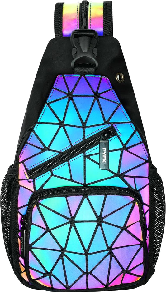Geometric Backpack Luminous Holographic Purse Color Changes Flash Reflective Bag for Cycling Fashion Sling Bag for Women(Prism)