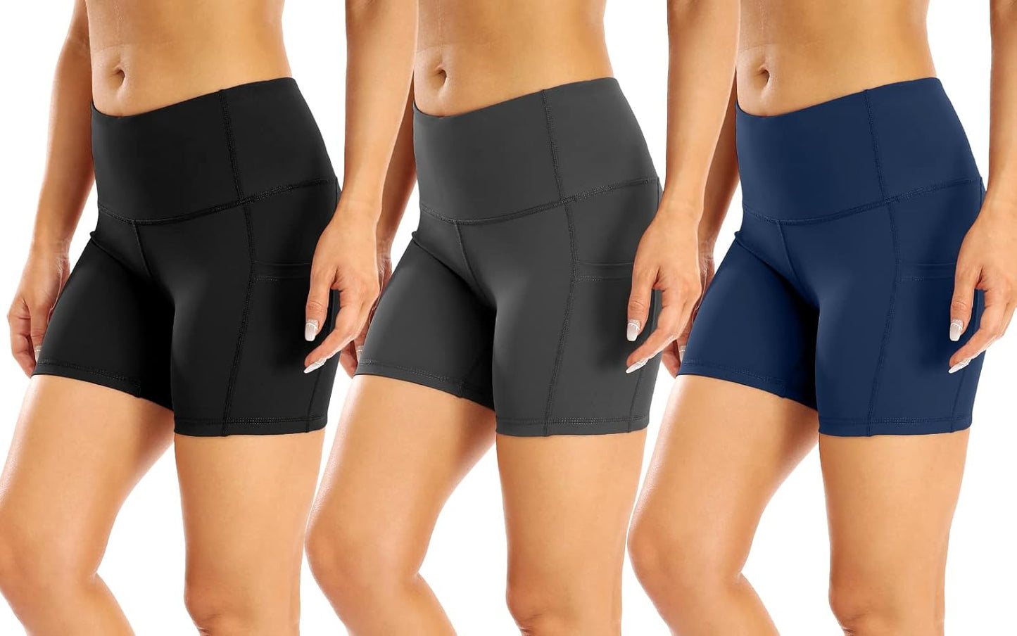 3 Pack High Waist Out Pocket Yoga Short 8"/5" Tummy Control Workout Shorts Running Athletic Non See-Through Active Shorts